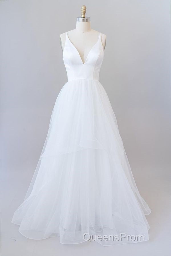 Beautiful White Long A-line V-neck Tulle Backless Wedding Dress Secondary image
