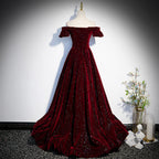 Beautiful Wine Red Off Shoulder Velvet Long Party Dress, A-Line Dark Red Classy Prom Dress
