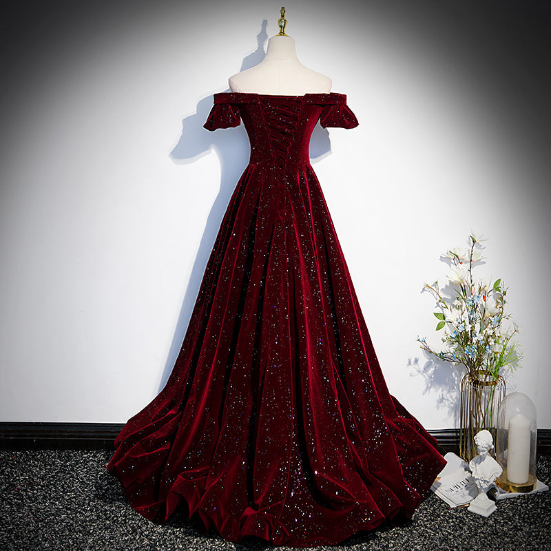Beautiful Wine Red Off Shoulder Velvet Long Party Dress, A-Line Dark Red Classy Prom Dress