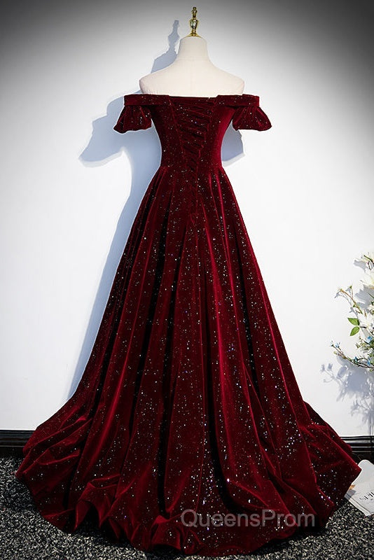 Beautiful Wine Red Off Shoulder Velvet Long Party Dress, A-Line Dark Red Evening Prom Dress Secondary image