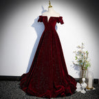 Beautiful Wine Red Off Shoulder Velvet Long Party Dress, A-Line Dark Red Classy Prom Dress