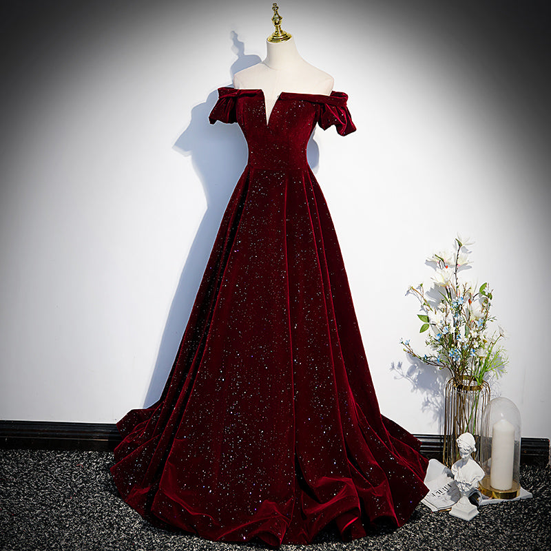 Beautiful Wine Red Off Shoulder Velvet Long Party Dress, A-Line Dark Red Classy Prom Dress