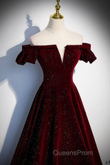 Beautiful Wine Red Off Shoulder Velvet Long Party Dress, A-Line Dark Red Evening Prom Dress