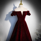 Beautiful Wine Red Off Shoulder Velvet Long Party Dress, A-Line Dark Red Classy Prom Dress