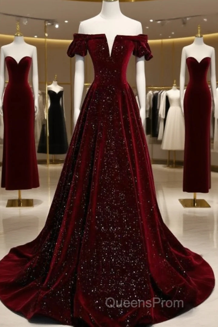 Beautiful Wine Red Off Shoulder Velvet Long Party Dress, A-Line Dark Red Evening Prom Dress Main image