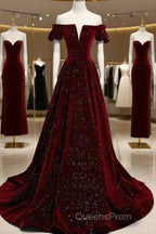 Beautiful Wine Red Off Shoulder Velvet Long Party Dress, A-Line Dark Red Evening Prom Dress