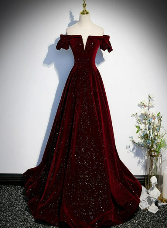 Beautiful Wine Red Off Shoulder Velvet Long Party Dress, A-Line Dark Red Classy Prom Dress Main image