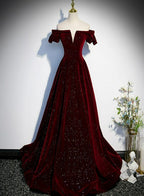 Beautiful Wine Red Off Shoulder Velvet Long Party Dress, A-Line Dark Red Classy Prom Dress