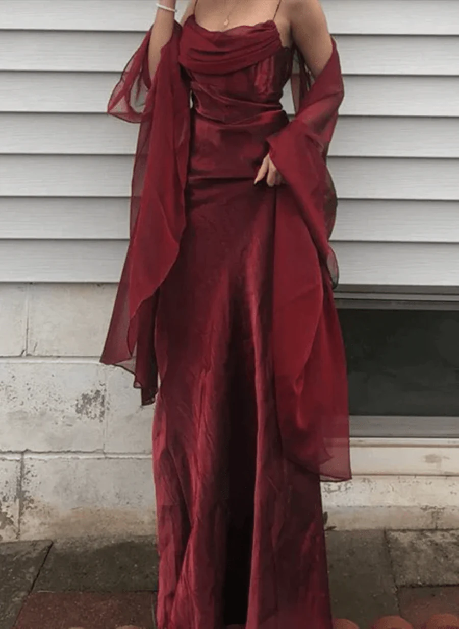 Beautiful Wine Red Satin Long Classy Prom Dress With Straps, Wine Red Long Party Dress Main image