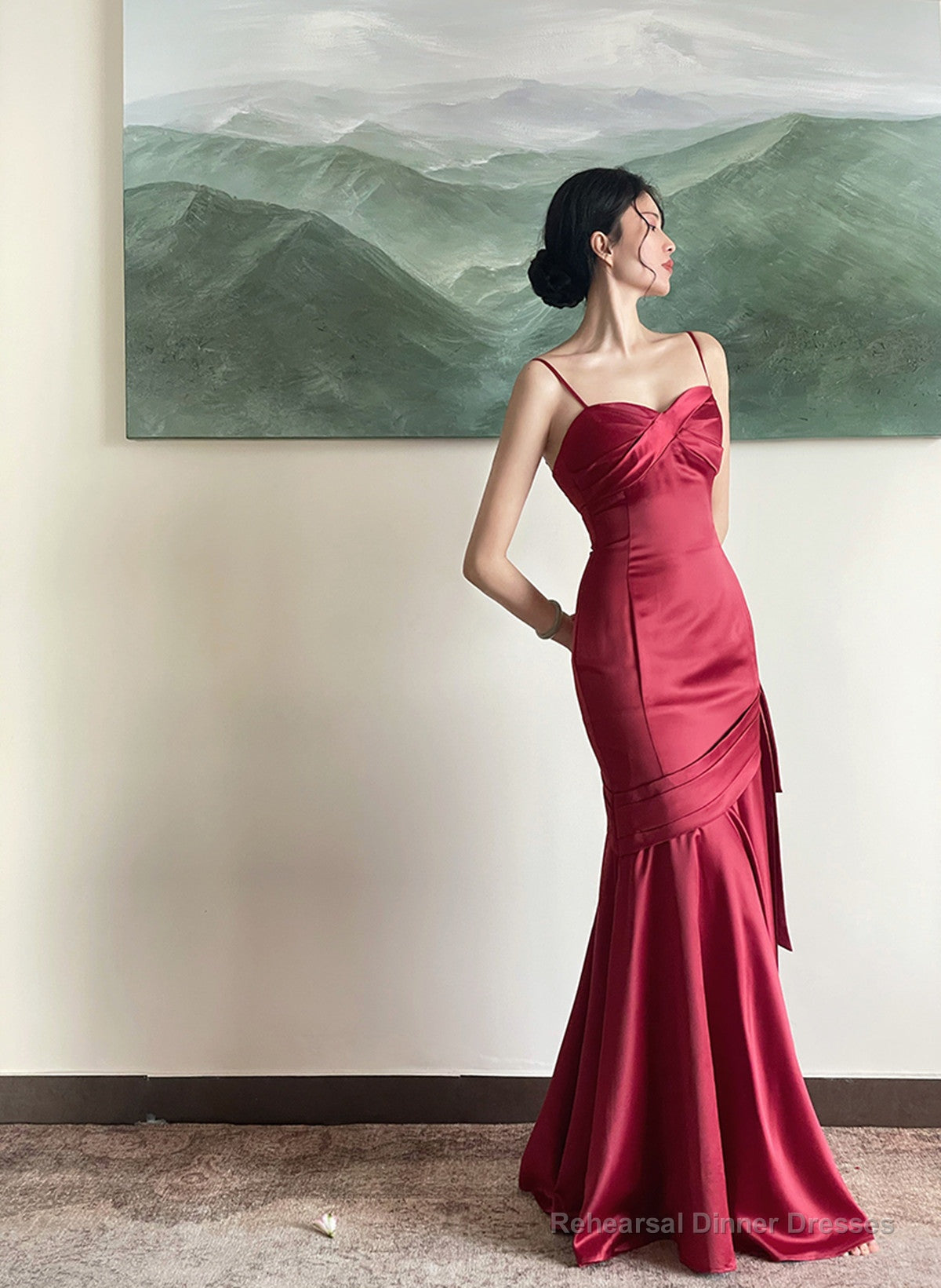 Beautiful Wine Red Satin Straps Long Evening Dress Prom Dress, Wine Red Party Dress Main image