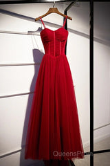 Beautiful Wine Red Tulle Long Straps Party Dress Evening Prom Dress, A-Line Dark Red Formal Gown
