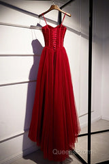 Beautiful Wine Red Tulle Long Straps Party Dress Evening Prom Dress, A-Line Dark Red Formal Gown