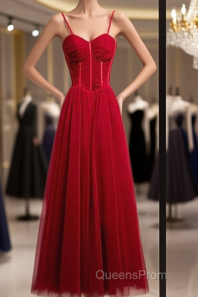 Beautiful Wine Red Tulle Long Straps Party Dress Evening Prom Dress, A-Line Dark Red Formal Gown Main image