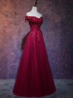 Beautiful Wine Red Tulle Sweetheart Long Classy Prom Dress, A-Line Party Dress