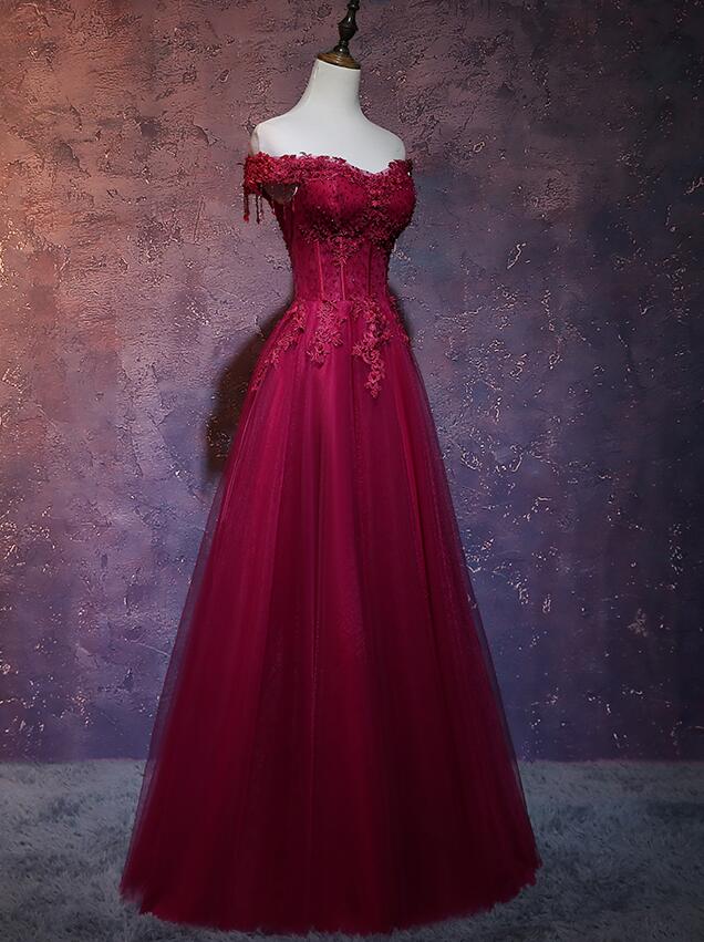 Beautiful Wine Red Tulle Sweetheart Long Classy Prom Dress, A-Line Party Dress