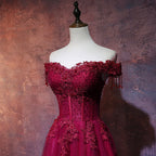 Beautiful Wine Red Tulle Sweetheart Long Classy Prom Dress, A-Line Party Dress
