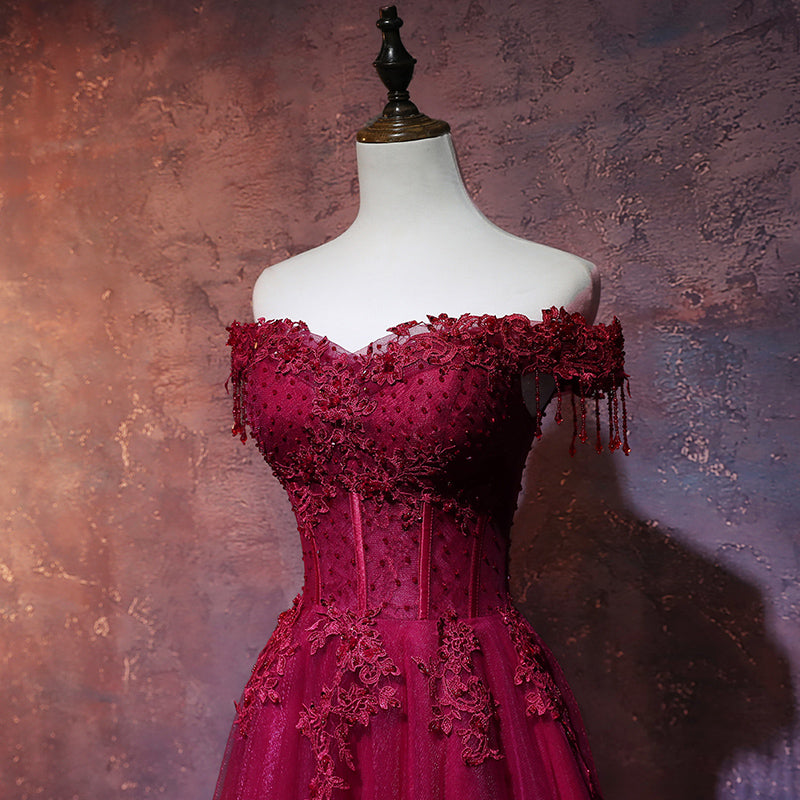 Beautiful Wine Red Tulle Sweetheart Long Classy Prom Dress, A-Line Party Dress