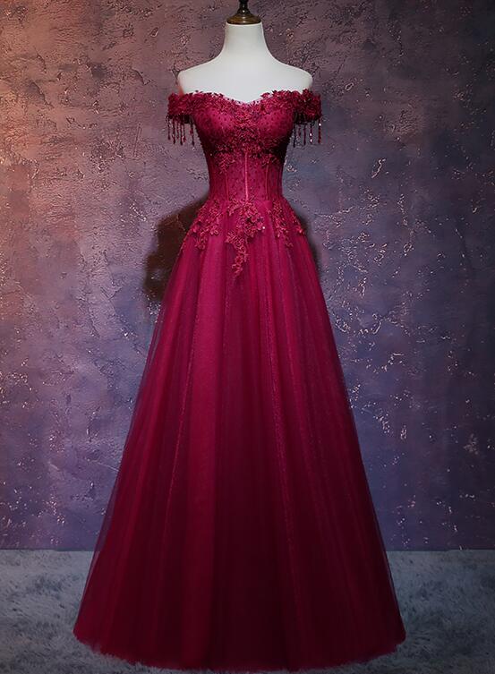 Beautiful Wine Red Tulle Sweetheart Long Classy Prom Dress, A-Line Party Dress Main image