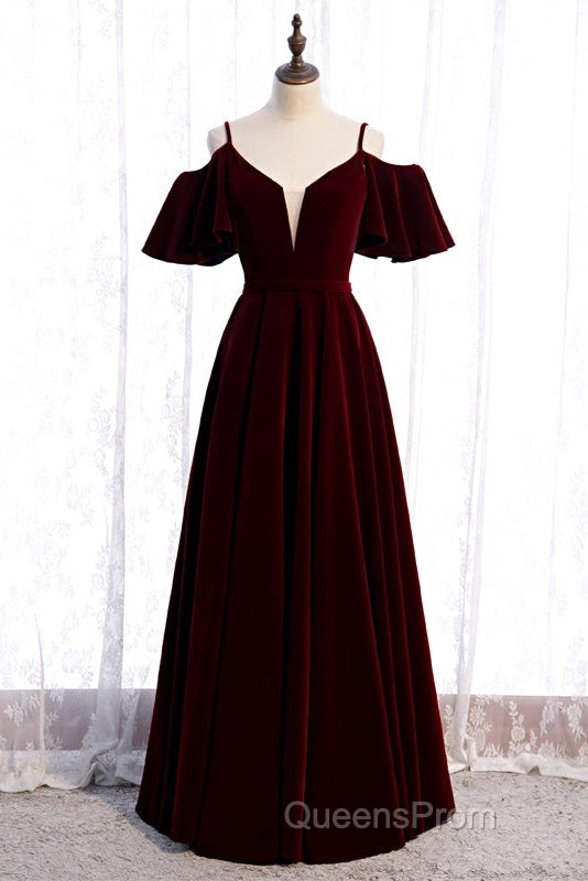 Beautiful Wine Red Velvet Off Shoulder Floor Length Party Dress, Velvet Junior Evening Prom Dress Secondary image