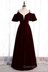 Beautiful Wine Red Velvet Off Shoulder Floor Length Party Dress, Velvet Junior Evening Prom Dress