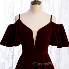 Beautiful Wine Red Velvet Off Shoulder Floor Length Party Dress, Velvet Junior Evening Prom Dress