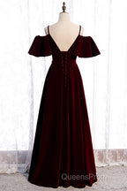 Beautiful Wine Red Velvet Off Shoulder Floor Length Party Dress, Velvet Junior Evening Prom Dress