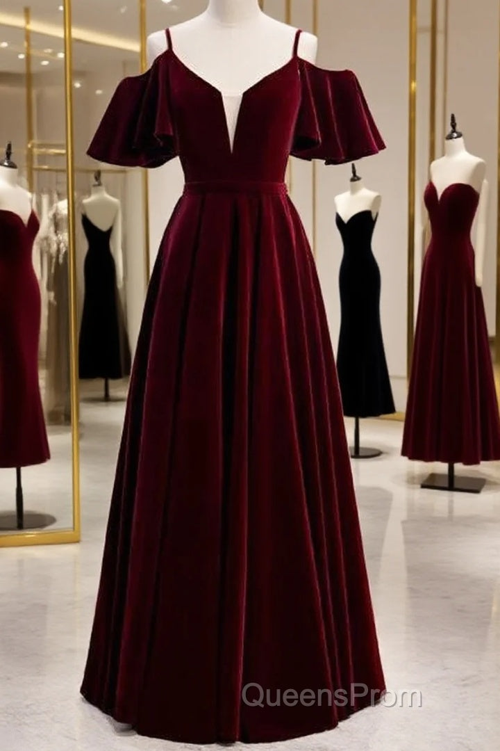 Beautiful Wine Red Velvet Off Shoulder Floor Length Party Dress, Velvet Junior Evening Prom Dress Main image