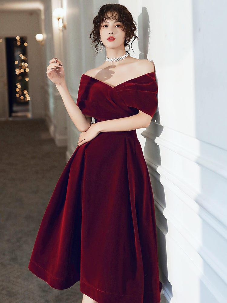 Beautiful Wine Red Velvet Tea Length Party Dress, Bridesmaid Dress Main image