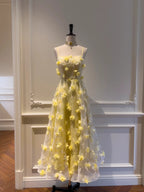 Beautiful Yellow A-Line Square Neck Strapless 3D Flower Mesh Long Classy Prom Dress