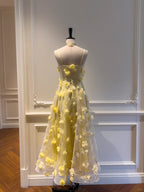 Beautiful Yellow A-Line Square Neck Strapless 3D Flower Mesh Long Classy Prom Dress