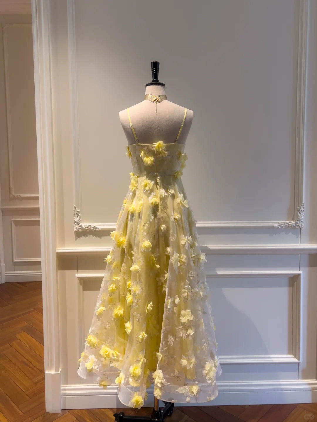 Beautiful Yellow A-Line Square Neck Strapless 3D Flower Mesh Long Classy Prom Dress