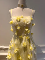 Beautiful Yellow A-Line Square Neck Strapless 3D Flower Mesh Long Classy Prom Dress