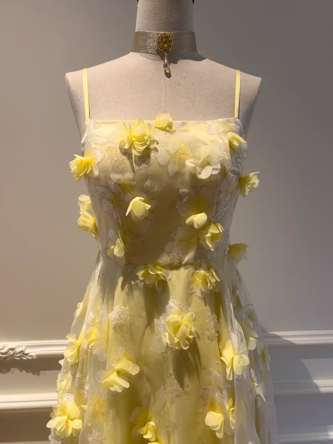 Beautiful Yellow A-Line Square Neck Strapless 3D Flower Mesh Long Classy Prom Dress
