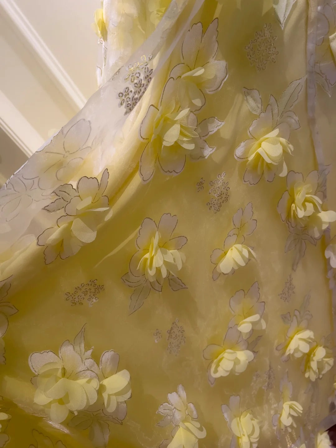 Beautiful Yellow A-Line Square Neck Strapless 3D Flower Mesh Long Classy Prom Dress