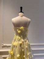 Beautiful Yellow A-Line Square Neck Strapless 3D Flower Mesh Long Classy Prom Dress