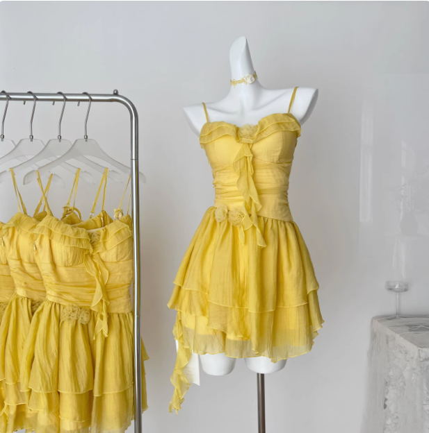 Beautiful Yellow Suspender Flower Irregular Ruffle Chiffon 17Th Birthday Short Skirt Homecoming Dress Secondary image