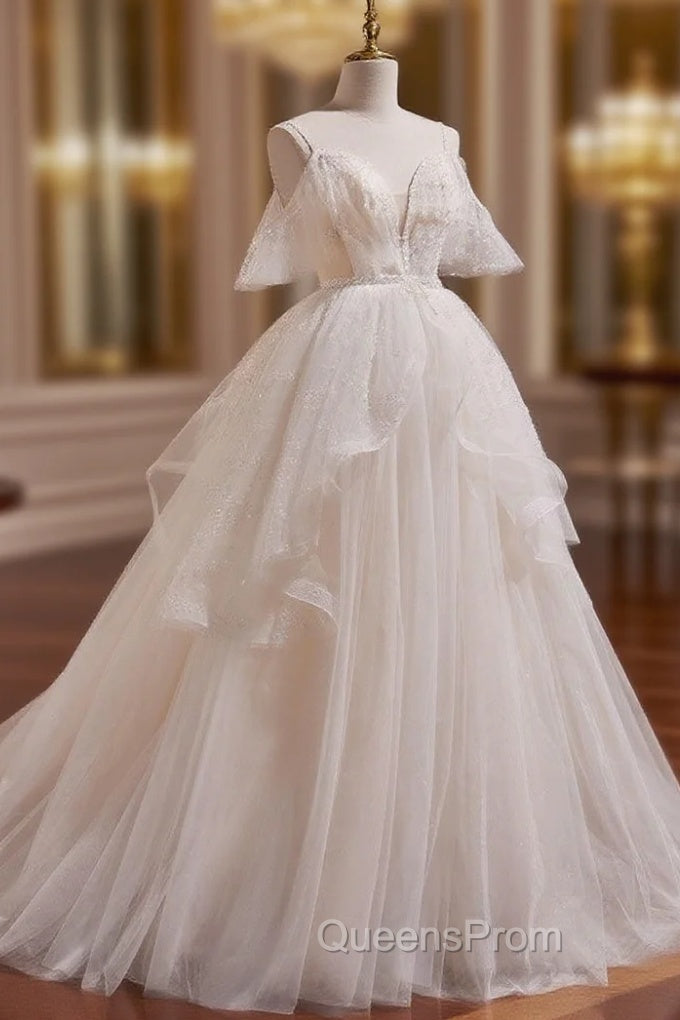 Beige A-line Tulle Beading Long Evening Prom Dress, Beige Evening Dress