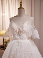 Beige A-line Tulle Beading Long Evening Prom Dress, Beige Evening Dress
