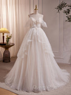 Beige A-line Tulle Beading Long Evening Prom Dress, Beige Evening Dress