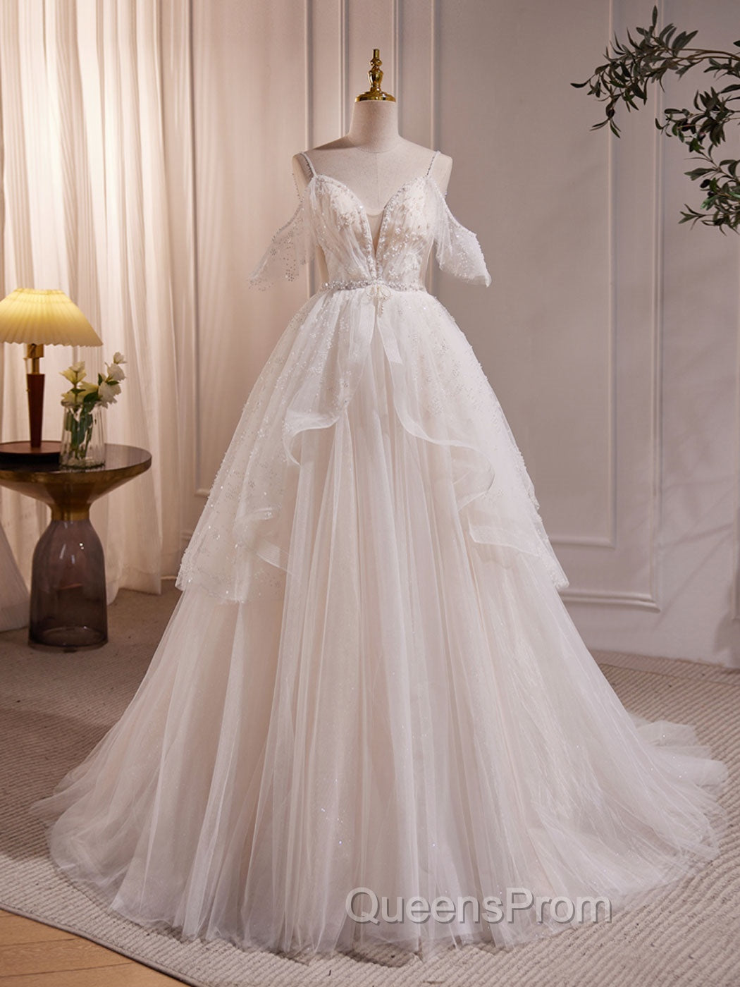 Beige A-line Tulle Beading Long Evening Prom Dress, Beige Evening Dress