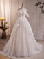 Beige A-line Tulle Beading Long Evening Prom Dress, Beige Evening Dress
