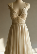 Off-White A-Line V-Neck Chiffon Beaded Long Classy Prom Dress Simple Wedding Dress Bridesmaid Dress