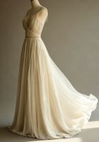 Off-White A-Line V-Neck Chiffon Beaded Long Classy Prom Dress Simple Wedding Dress Bridesmaid Dress