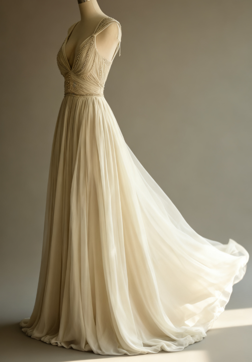 Off-White A-Line V-Neck Chiffon Beaded Long Classy Prom Dress Simple Wedding Dress Bridesmaid Dress
