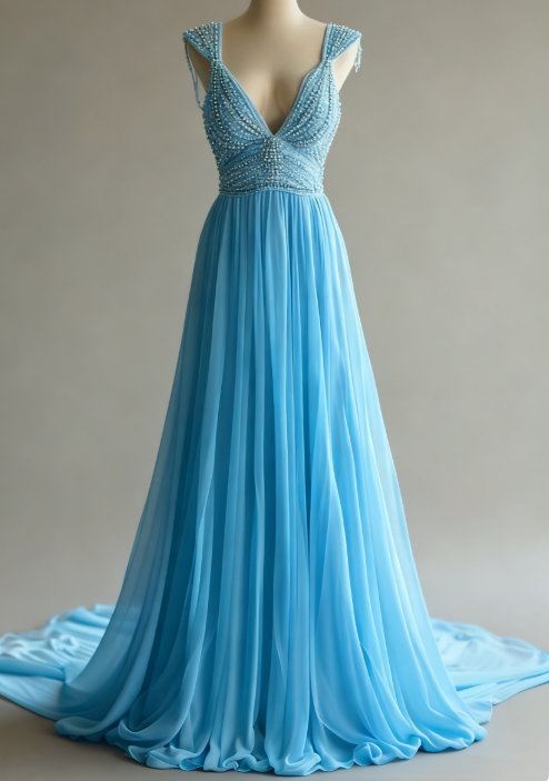 Off-White A-Line V-Neck Chiffon Beaded Long Classy Prom Dress Simple Wedding Dress Bridesmaid Dress