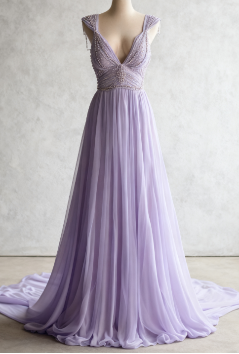 Off-White A-Line V-Neck Chiffon Beaded Long Classy Prom Dress Simple Wedding Dress Bridesmaid Dress