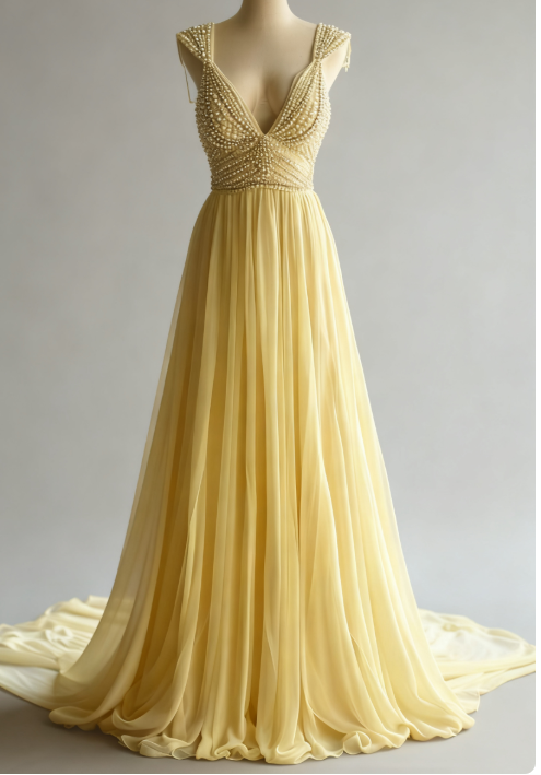 Off-White A-Line V-Neck Chiffon Beaded Long Classy Prom Dress Simple Wedding Dress Bridesmaid Dress