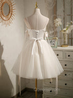 Beige Aline Tulle Short Evening Prom Dress Beige Tulle Homecoming Dress