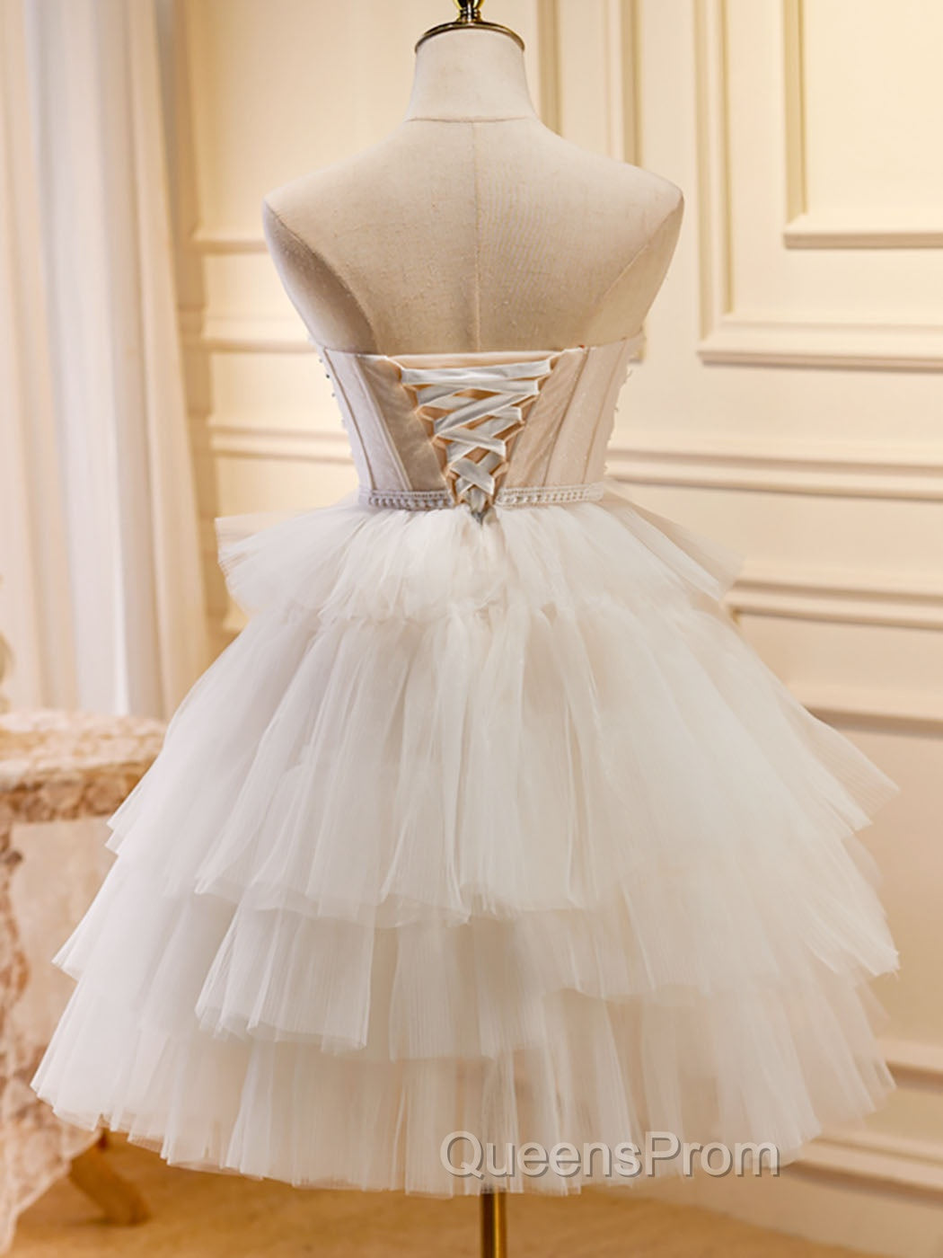 Beige Sweetheart Neck Tulle Puffy Short Evening Prom Dress, Beige Homecoming Dress