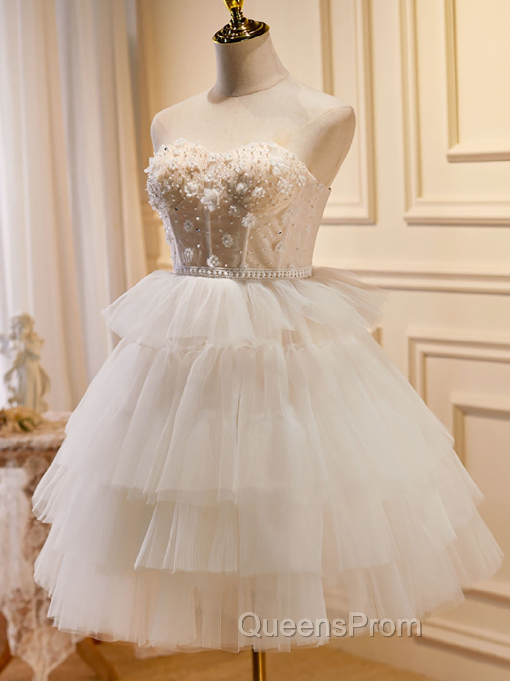Beige Sweetheart Neck Tulle Puffy Short Evening Prom Dress, Beige Homecoming Dress